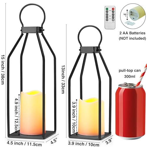 Perfnique Modern Farmhouse Lantern Decor, 15'' 13'' Set of 2 Black Metal Lantern, 2 LED 6hr Timer Flameless Candles ＆ Remote Timer, Lanterns Decorative for Outdoor, Home, Indoor, Patio, Christmas - Image 3