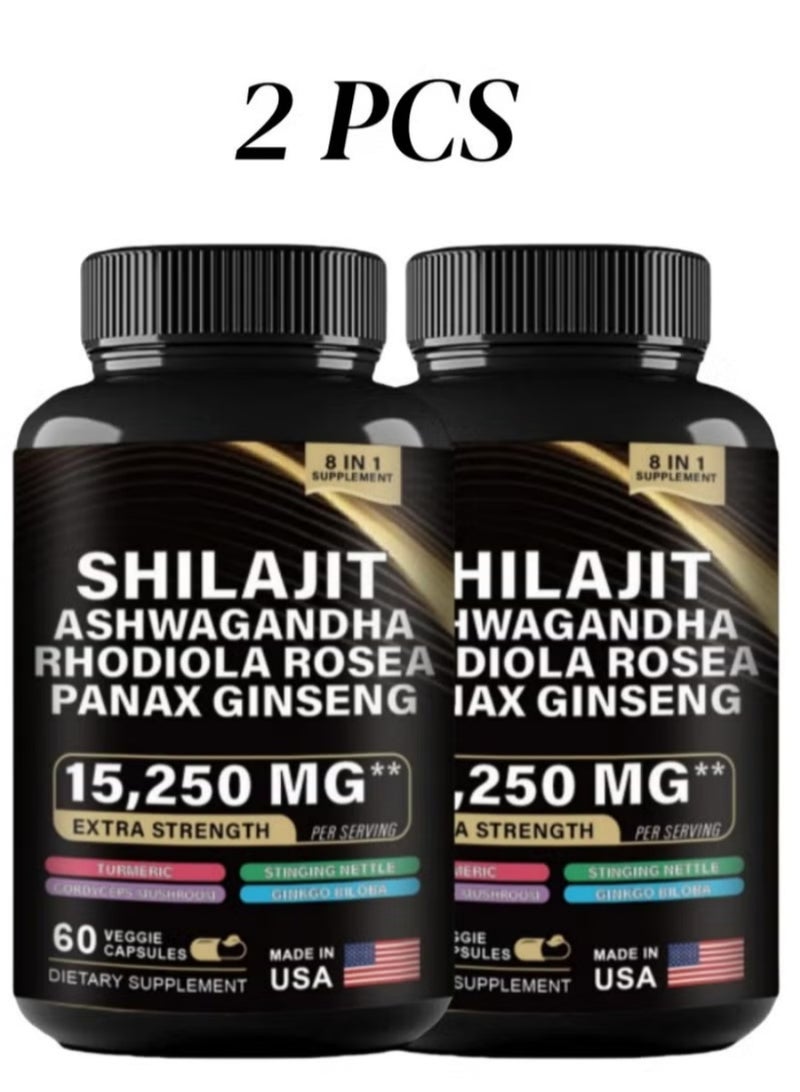 شيلاجيت آر إكس شيلا سترينغث تركيبة حيوية 8 في 1 – شيلاجيت وأشواگاندة وروديولا روزيا وجينسنغ باناكس، 15,250 ملغ قوة مُعززة لزيادة الطاقة وتخفيف الضغط – 60 كبسولة نباتية، علبتين - Image 1