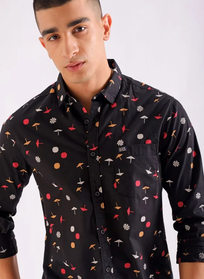 شركة المرآب الهندية Men Regular Fit Conversational Printed Full Sleeves Spread Collar Casual Shirt