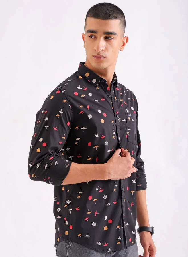 شركة المرآب الهندية Men Regular Fit Conversational Printed Full Sleeves Spread Collar Casual Shirt