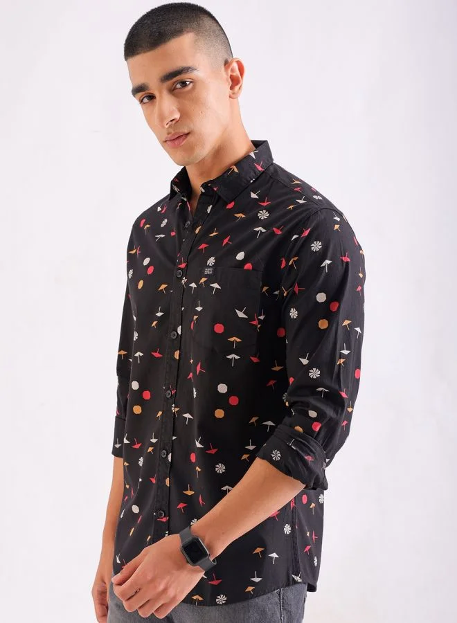 شركة المرآب الهندية Men Regular Fit Conversational Printed Full Sleeves Spread Collar Casual Shirt