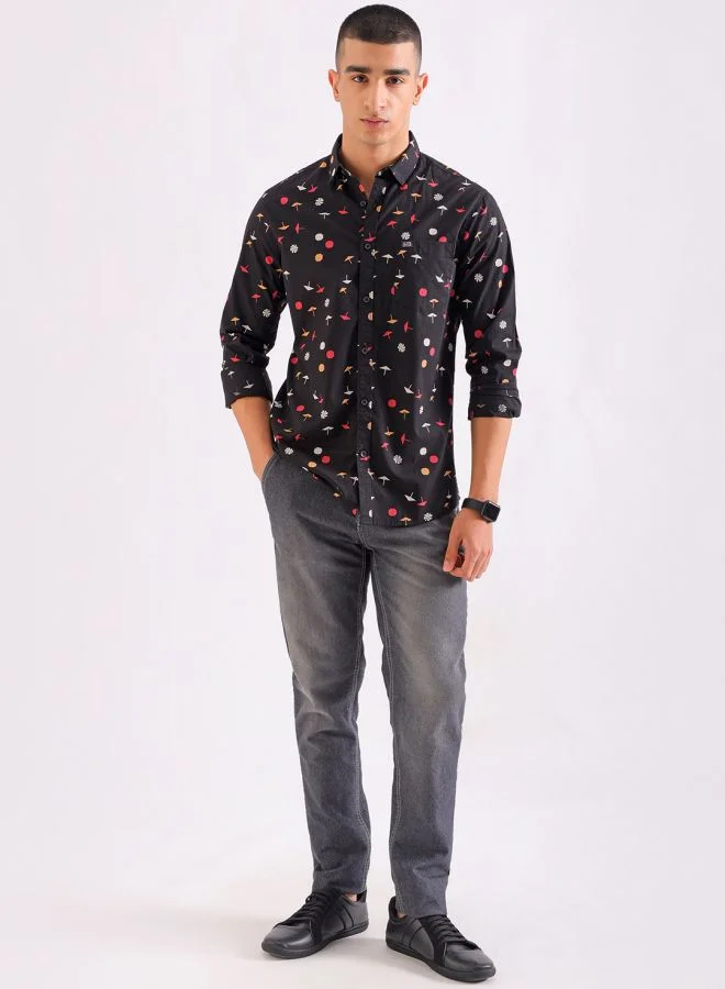 شركة المرآب الهندية Men Regular Fit Conversational Printed Full Sleeves Spread Collar Casual Shirt