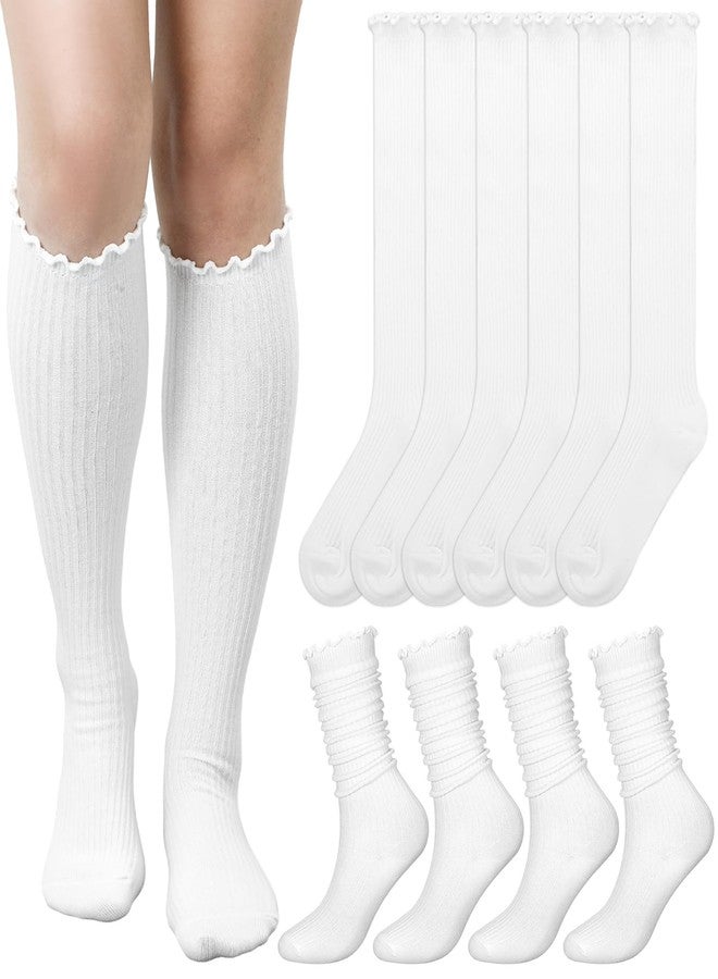 Breathffy جوارب نسائية طويلة تصل إلى الركبة بكشكشة، 6 أزواج، محبوكة، تسمح بمرور الهواء، لطيفة، مزينة بكشكشة، مناسبة لفساتين الخس (أبيض) - Image 1