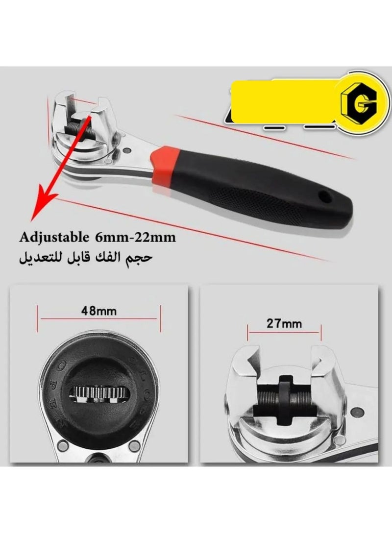 Universal Adjustable Ratchet Wrench, Adjustable Socket Wrench for 6-22mm Screw, Hand Tool with Non-slip Handle