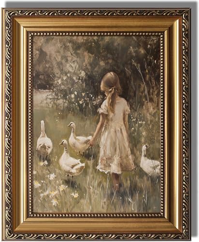 KBKBART Vintage Framed Wall Art for Living Room Farmhouse Decor Goose Girl Easter Canvas Oil Painting Prints for Wall Decor Classical Cottagecore Wall Decor Moody Antique Nature Art Print for Bedroom Bathroom Wall Pictures Artwork 9x 12 - Image 1
