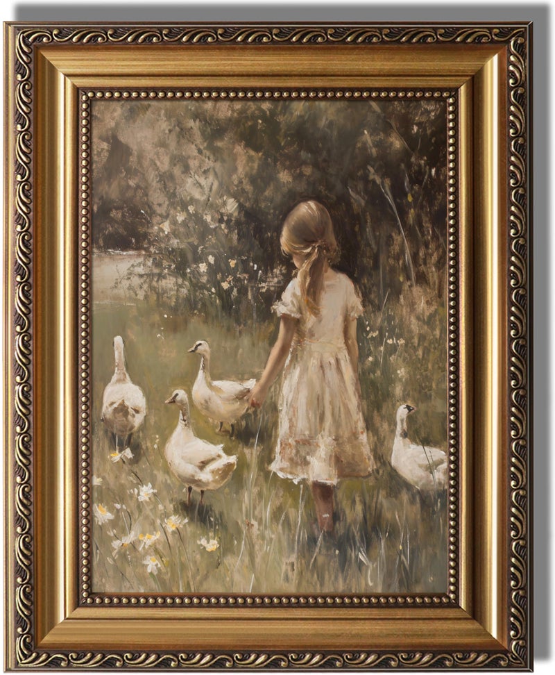 KBKBART Vintage Framed Wall Art for Living Room Farmhouse Decor Goose Girl Easter Canvas Oil Painting Prints for Wall Decor Classical Cottagecore Wall Decor Moody Antique Nature Art Print for Bedroom Bathroom Wall Pictures Artwork 9x 12 - Image 2
