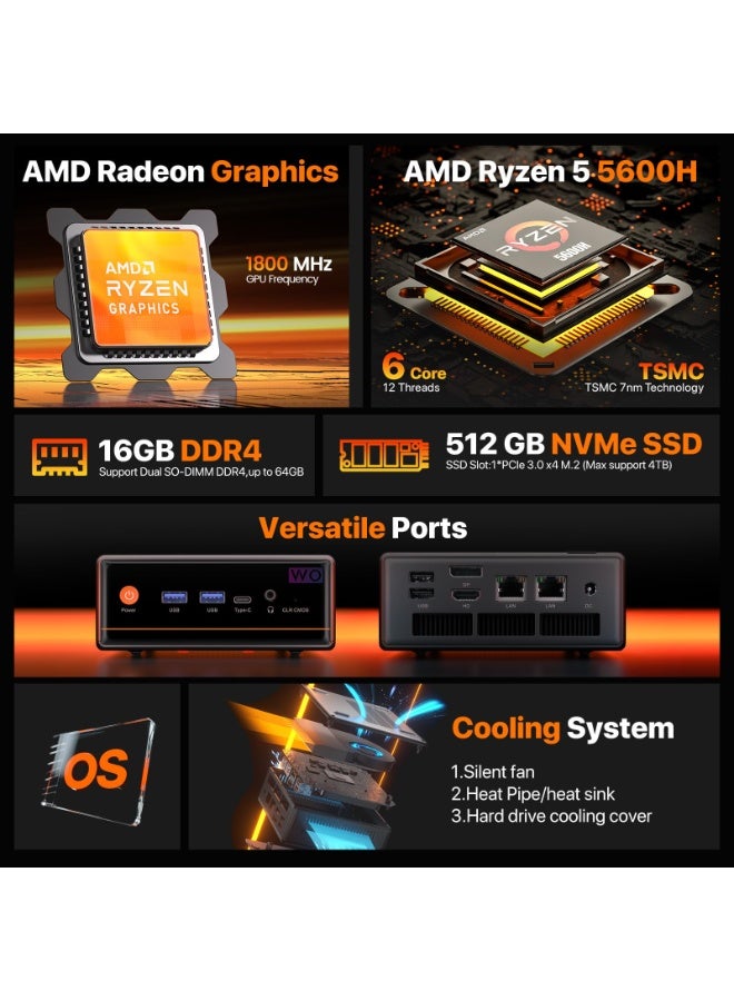 القِلْد جهاز ألعاب صغير WO4، مزود بمنفذي LAN، ومعالج Ryzen 5 5600، وذاكرة وصول عشوائي DDR4 سعة 16 جيجابايت، وقرص SSD من نوع NVMe سعة 512 جيجابايت، ومنفذ Type-C/DP/HD، وجهاز كمبيوتر مكتبي صغير، وواي فاي 6، ودقة 4K/60 هرتز، وشاشة ثلاثية، ومنفذ USB 3.2/بلوتوث 5.2. - Image 2