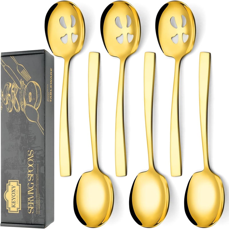 KEYOXY 6 Piece Stainless Steel Serving Spoons Set - 3 Large, 3 Slotted, 9.2-Inch, Dishwasher Safe, for Parties/Kitchen/Buffet/Catering,Gold - Image 1