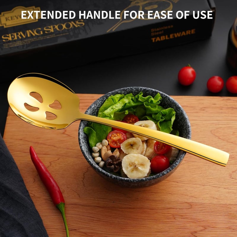 KEYOXY 6 Piece Stainless Steel Serving Spoons Set - 3 Large, 3 Slotted, 9.2-Inch, Dishwasher Safe, for Parties/Kitchen/Buffet/Catering,Gold - Image 5