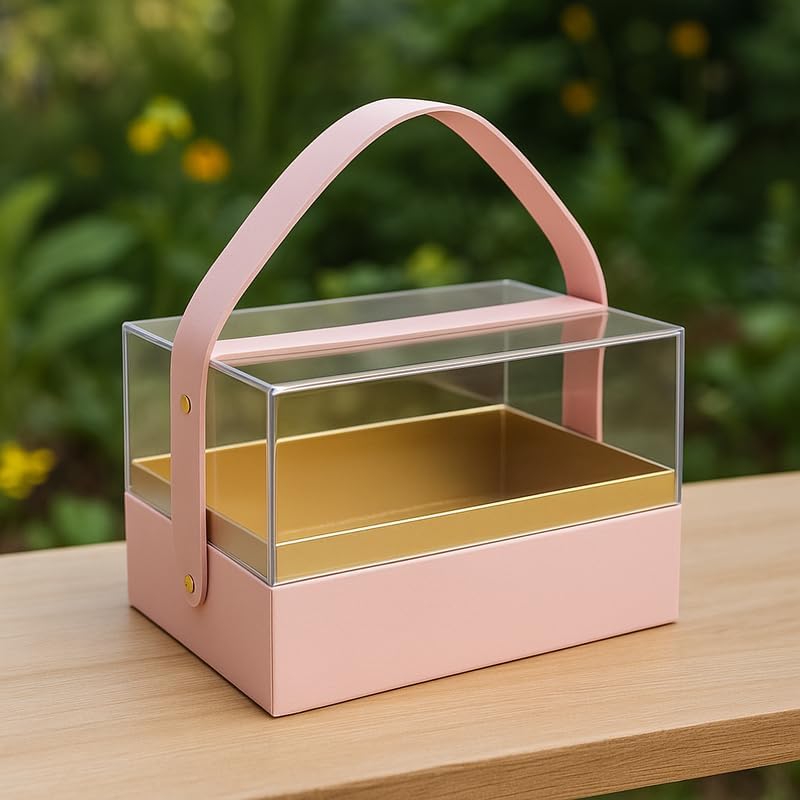 Fitto Transparent Acrylic  Gift Rectangular Box with Handle, 18x13.5x12.5cm, Pink Storage Organizer