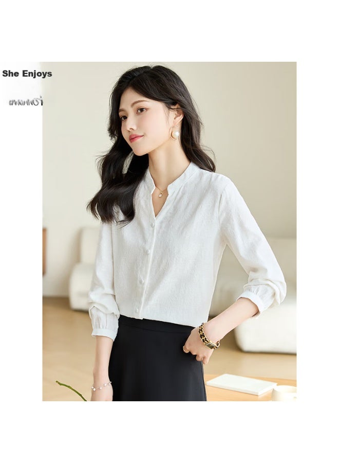 She Enjoys Long-sleeve Women's Jacquard V-neck White Shirt, Casual Simple Commuter Elegant Top T141c2244 - Image 2