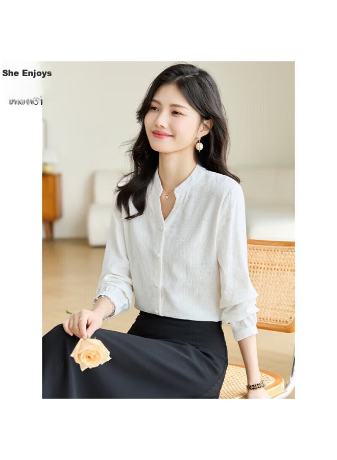 She Enjoys Long-sleeve Women's Jacquard V-neck White Shirt, Casual Simple Commuter Elegant Top T141c2244 - Image 1