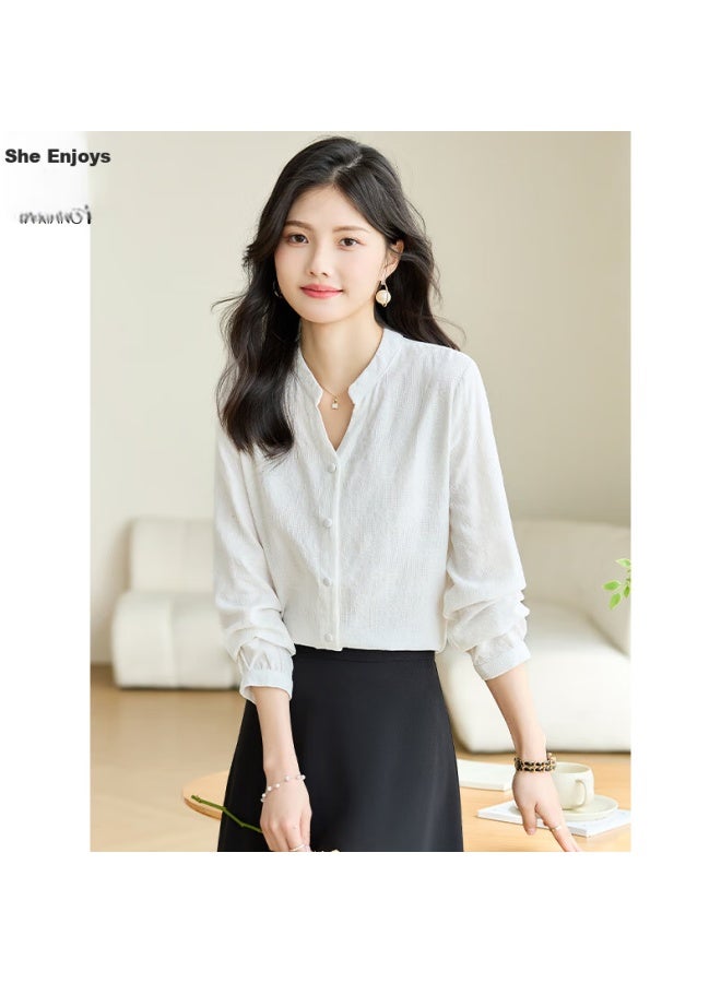 She Enjoys Long-sleeve Women's Jacquard V-neck White Shirt, Casual Simple Commuter Elegant Top T141c2244 - Image 3
