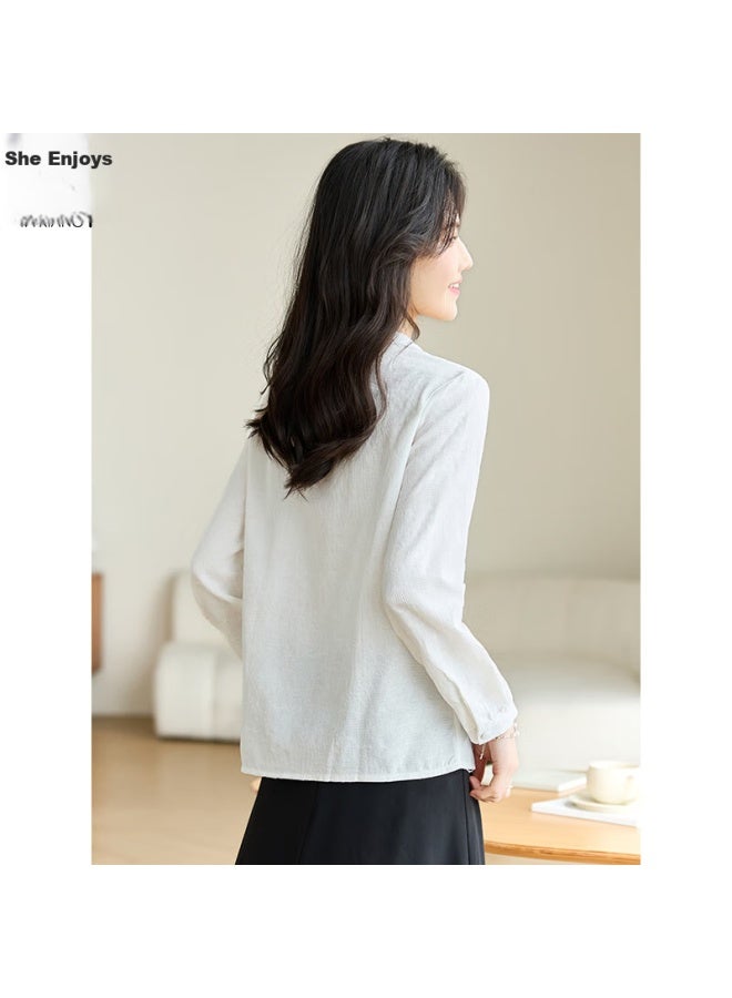 She Enjoys Long-sleeve Women's Jacquard V-neck White Shirt, Casual Simple Commuter Elegant Top T141c2244 - Image 5