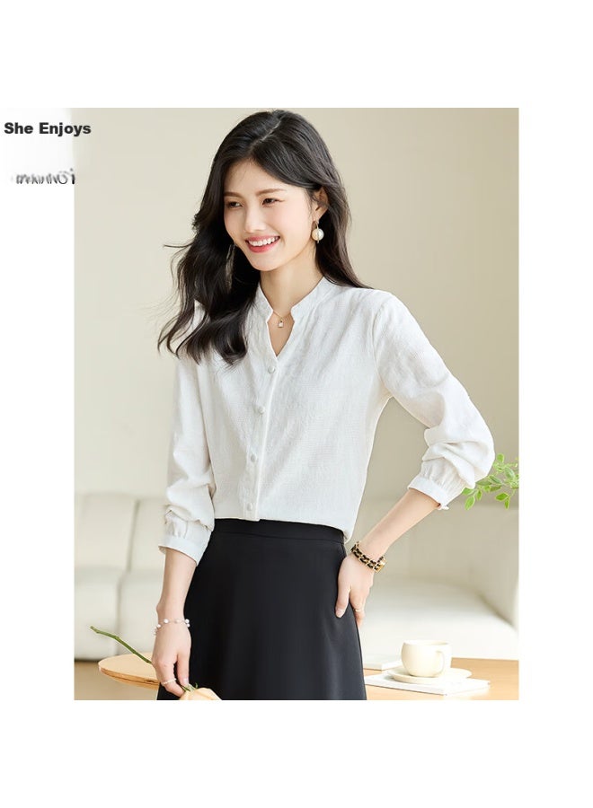 She Enjoys Long-sleeve Women's Jacquard V-neck White Shirt, Casual Simple Commuter Elegant Top T141c2244 - Image 4