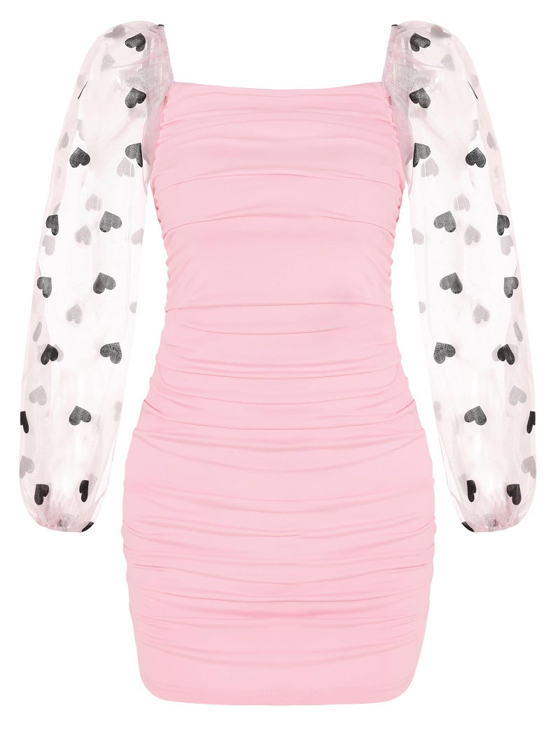 EXARUS Girls Bodycon Dress Ruched Short Long Lantern Sleeve Teen Dance Prom Party Semi Froaml Homecoming Fitted Square Neck Stretch Fancy Cute Mesh Elastic Cuff Dresses Heart Pink 12Y - Image 1