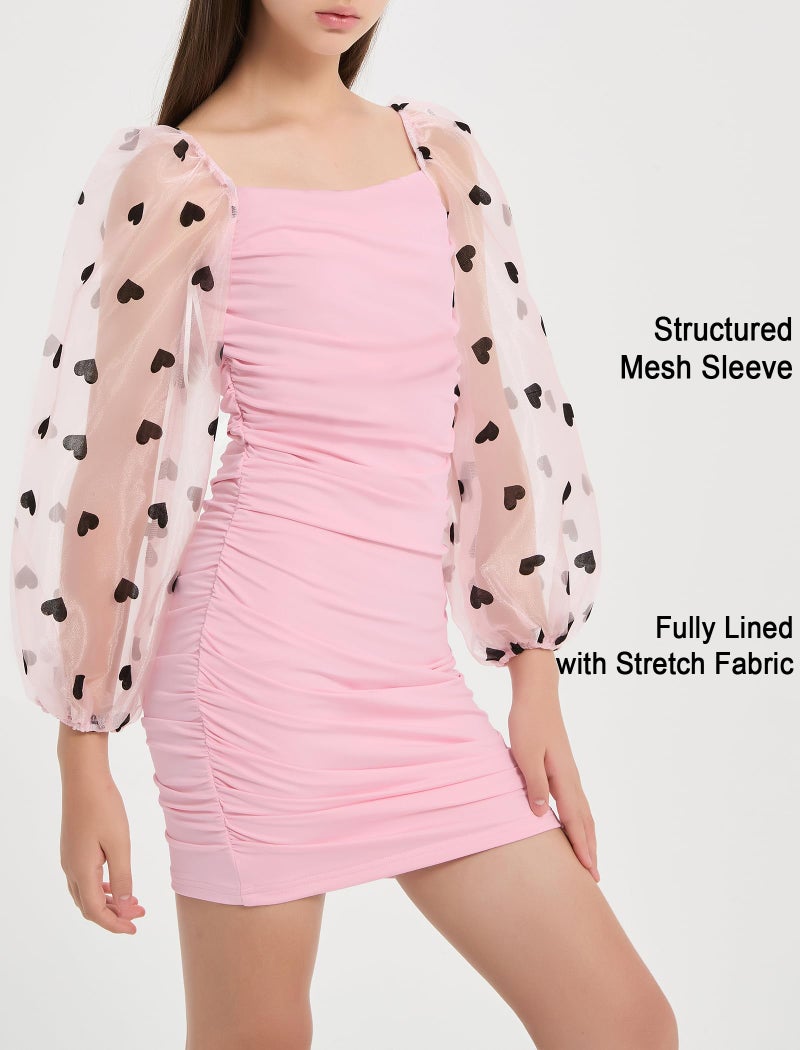 EXARUS Girls Bodycon Dress Ruched Short Long Lantern Sleeve Teen Dance Prom Party Semi Froaml Homecoming Fitted Square Neck Stretch Fancy Cute Mesh Elastic Cuff Dresses Heart Pink 12Y - Image 3