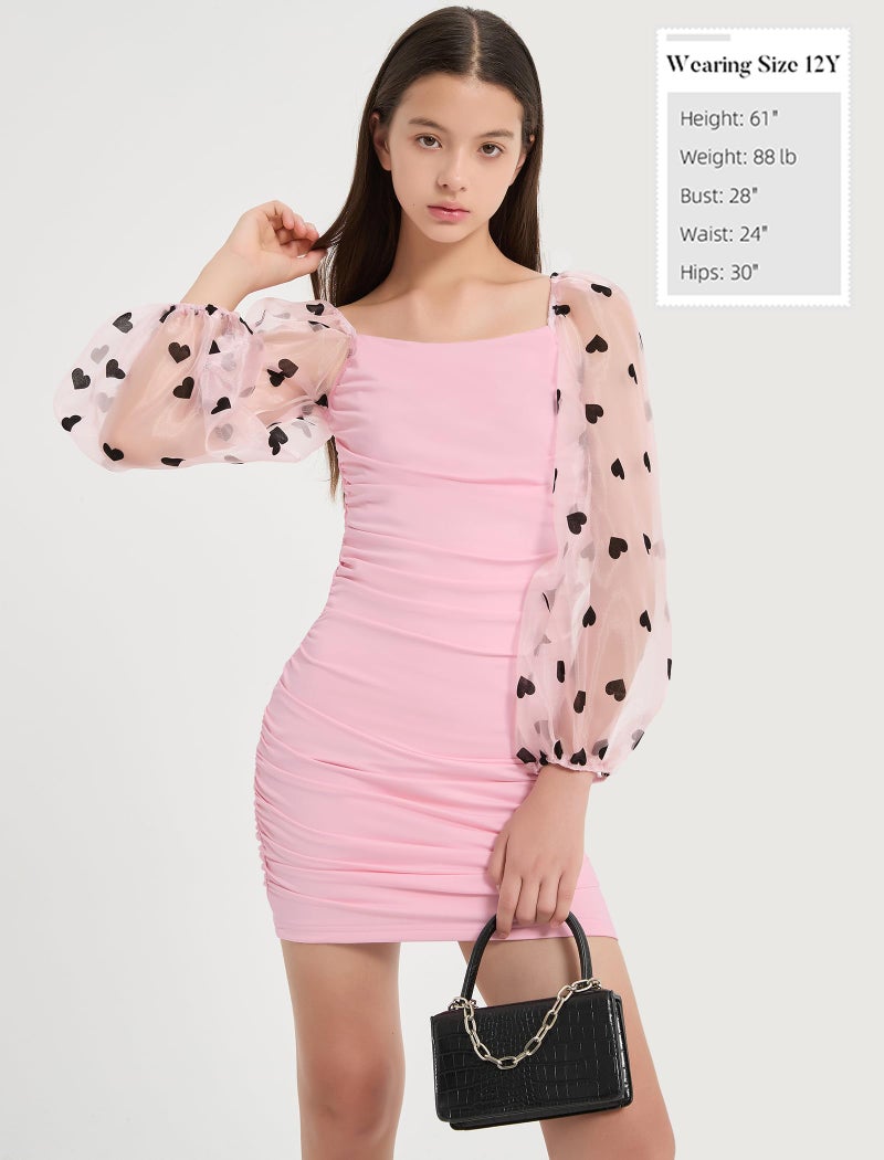 EXARUS Girls Bodycon Dress Ruched Short Long Lantern Sleeve Teen Dance Prom Party Semi Froaml Homecoming Fitted Square Neck Stretch Fancy Cute Mesh Elastic Cuff Dresses Heart Pink 12Y - Image 5