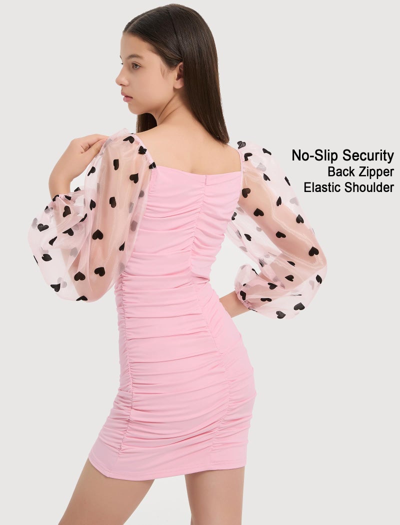 EXARUS Girls Bodycon Dress Ruched Short Long Lantern Sleeve Teen Dance Prom Party Semi Froaml Homecoming Fitted Square Neck Stretch Fancy Cute Mesh Elastic Cuff Dresses Heart Pink 12Y - Image 4