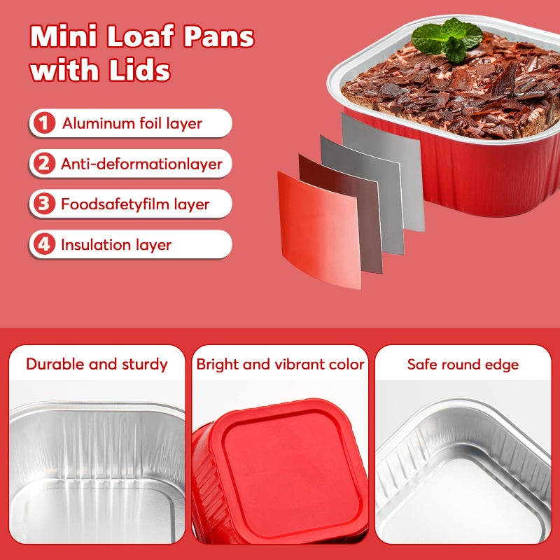 Ruckae 5oz 100 Pcs Square Mini Loaf Pans with Lids-Disposable Foil Dessert Containers,Mini Cake Pans with Lids,Aluminum Dessert Cups for Parties and Weddings (Red, 5oz) - Image 2