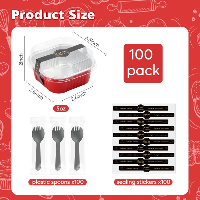 Ruckae 5oz 100 Pcs Square Mini Loaf Pans with Lids-Disposable Foil Dessert Containers,Mini Cake Pans with Lids,Aluminum Dessert Cups for Parties and Weddings (Red, 5oz) - Image 3