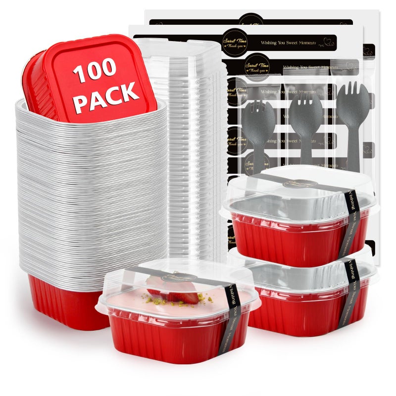 Ruckae 5oz 100 Pcs Square Mini Loaf Pans with Lids-Disposable Foil Dessert Containers,Mini Cake Pans with Lids,Aluminum Dessert Cups for Parties and Weddings (Red, 5oz) - Image 1