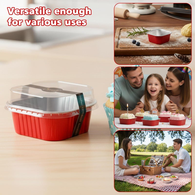 Ruckae 5oz 100 Pcs Square Mini Loaf Pans with Lids-Disposable Foil Dessert Containers,Mini Cake Pans with Lids,Aluminum Dessert Cups for Parties and Weddings (Red, 5oz) - Image 5