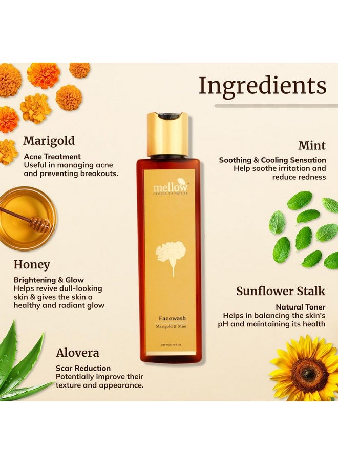 MELLOW - Herbals Marigold & Mint Facewash, Ayurvedic Gentle Cleanser With Aloe Vera & Honey Extracts For Soft Skin & Natural Glow, Gmo, Paraben & Sulphate Free, Ayush Certified [200Ml] - Image 1