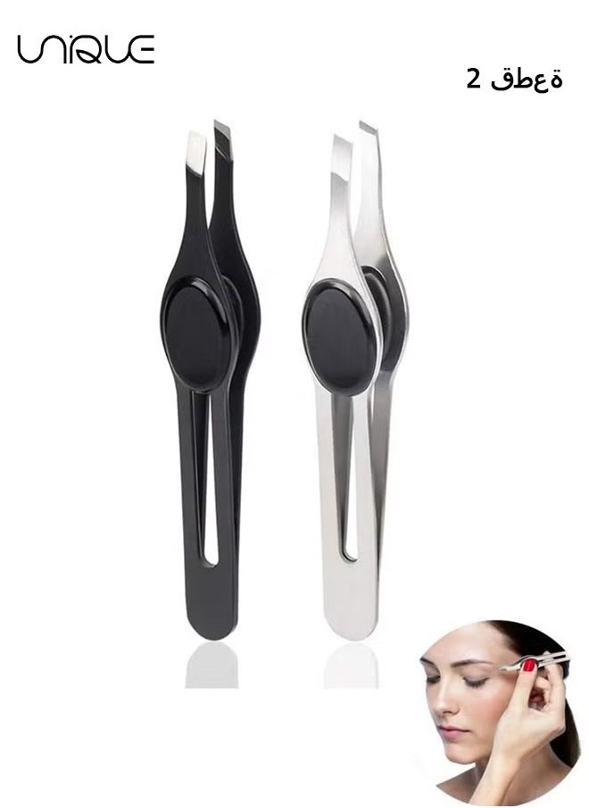 Unique 2 PCS Professional Non-Slip Grip Tip Eyebrow Tweezers, Stainless Steel Precision Pointed Blackhead Splinter Removal Tool, for Eyebrow Shaping and Tweezing Facial and Body Hair (Black, Silver)  - Image 1