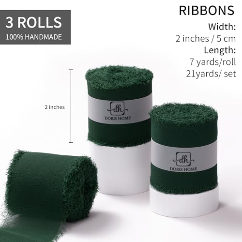 DORIS HOME Dark Green Chiffon Ribbon for Flower Bouquet, 2" x21Yd Fabric Ribbon for Gift Wrapping, Handmade Frayed Ribbon for Wedding/Christmas Decorations - Image 3