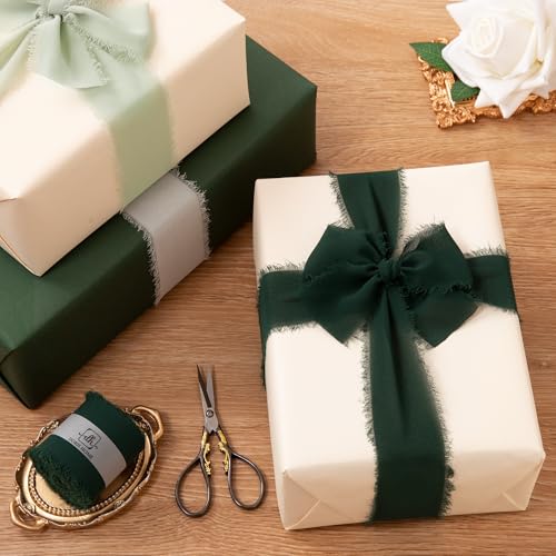 DORIS HOME Dark Green Chiffon Ribbon for Flower Bouquet, 2" x21Yd Fabric Ribbon for Gift Wrapping, Handmade Frayed Ribbon for Wedding/Christmas Decorations - Image 5