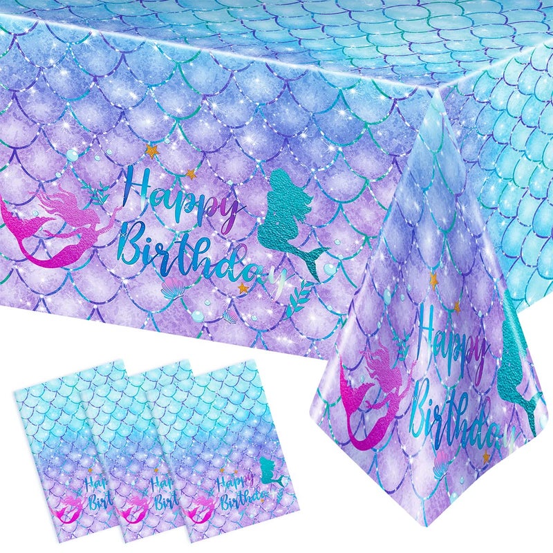 DaiUni 3PCS Mermaid Birthday Tablecloths for Birthday Party Decoration Plastic Disposable Rectangle Table Covers for Kids Girls Party Supplies 54 x 108