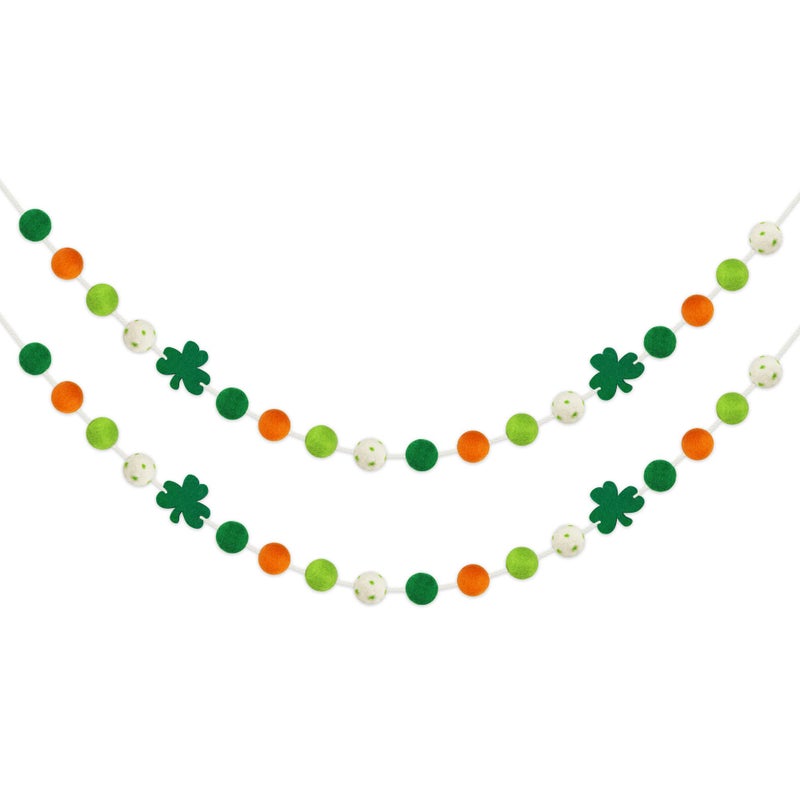 2 Pcs St Patricks Day Felt Ball Garlands with Shamrock St Patricks Day Decorations Green Dark Green White Orange Pom Pom Garlands for Home Tree Irish Party Home Fireplace Mantle Hanging Decor