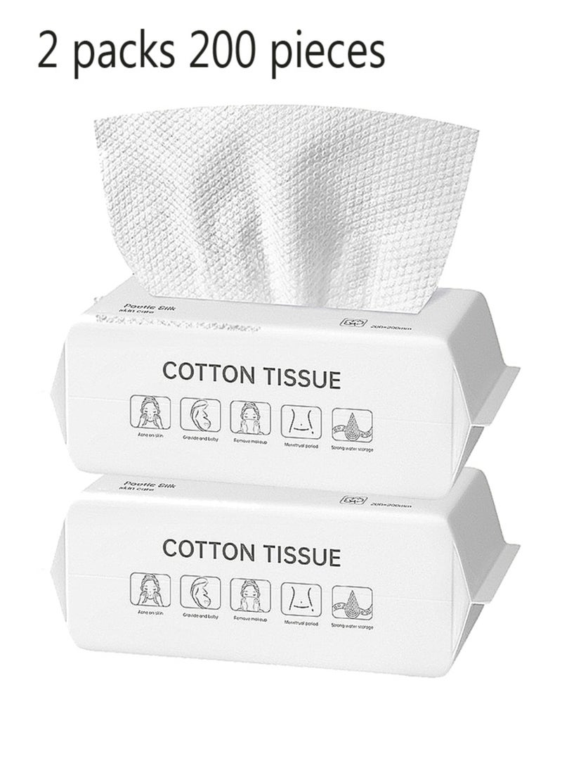 COTTON 2 Pack 200pcs Disposable Face Towel Thickened, Cotton Tissue Soft Dry Wipes for Women, Simple Cleaning Facial Tissues Dry Wet Dual Portable Use for Sensitive Skin & Baby & Makeup Remover & Personal Care - Image 1