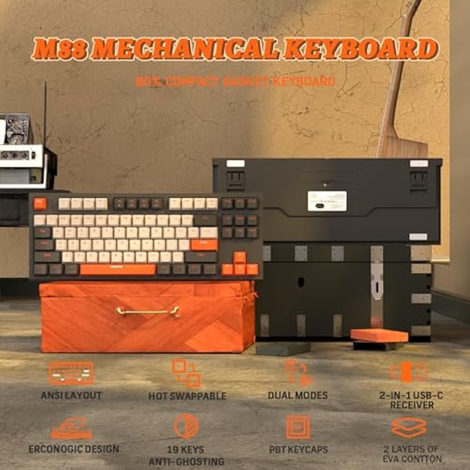 M88 WIRELESS MECHANICAL KEYBOARD,87 KEYS QWERTY LAYOUT TKL HOT SWAPPABLE KEYBOARD, BLUETOOTH/2.4GHZ DUAL MODE 2-IN-1 RECEIVER,RETRO PBT KEYCAPS LINEAR RED SWITCH FOR PC/MAC/TABLET-TWILIGHT - Image 2