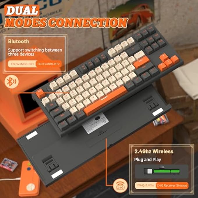 M88 WIRELESS MECHANICAL KEYBOARD,87 KEYS QWERTY LAYOUT TKL HOT SWAPPABLE KEYBOARD, BLUETOOTH/2.4GHZ DUAL MODE 2-IN-1 RECEIVER,RETRO PBT KEYCAPS LINEAR RED SWITCH FOR PC/MAC/TABLET-TWILIGHT - Image 3