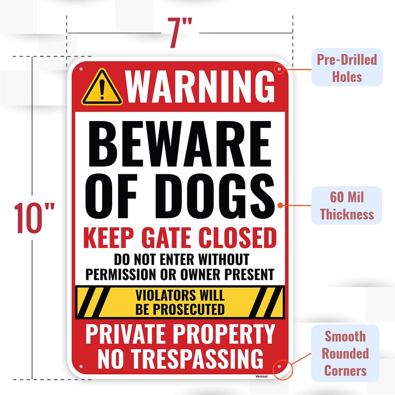 Venicor 1PC Beware of Dog Sign, 10 x 7 Inches - Aluminum - Guard Dogs On Premises Warning Signs For Fence No Trespassing - Image 2
