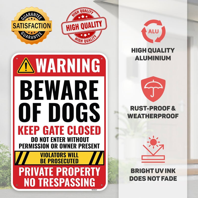 Venicor 1PC Beware of Dog Sign, 10 x 7 Inches - Aluminum - Guard Dogs On Premises Warning Signs For Fence No Trespassing - Image 3