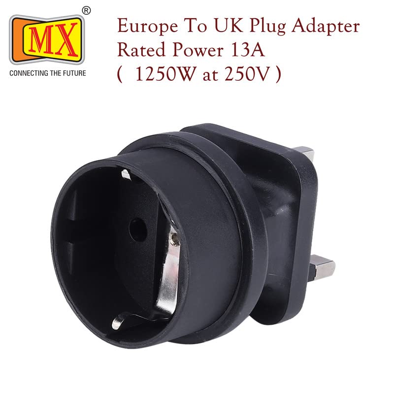 MX European Schuko to UK Plug Adapter 13 Amp Convert European Type EF Input to India Type D Three Prong Output Connection Black Color Pack of 1New - Image 4
