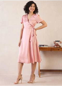 Women's  Elegant Midi Dress with Flattering Fit and Flared Silhouette, V Neckline, and Stylish Side Wrap Tie-Up - Perfect for Chic Occasions and Effortless Style
