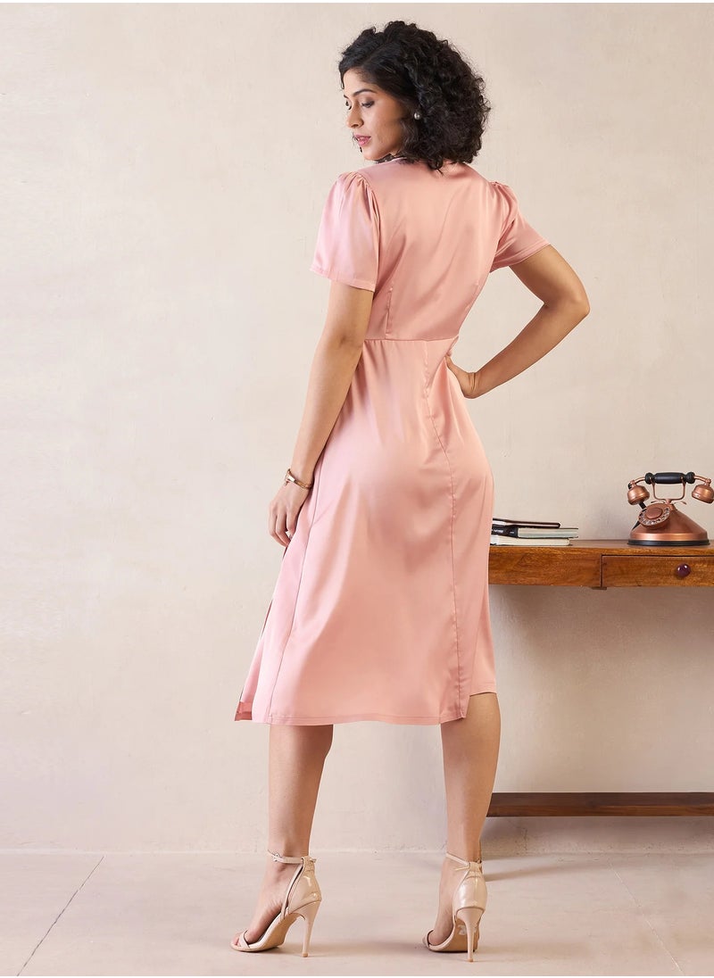 Salt Attire - Women's  Elegant Midi Dress with Flattering Fit and Flared Silhouette, V Neckline, and Stylish Side Wrap Tie-Up - Perfect for Chic Occasions and Effortless Style - Image 1