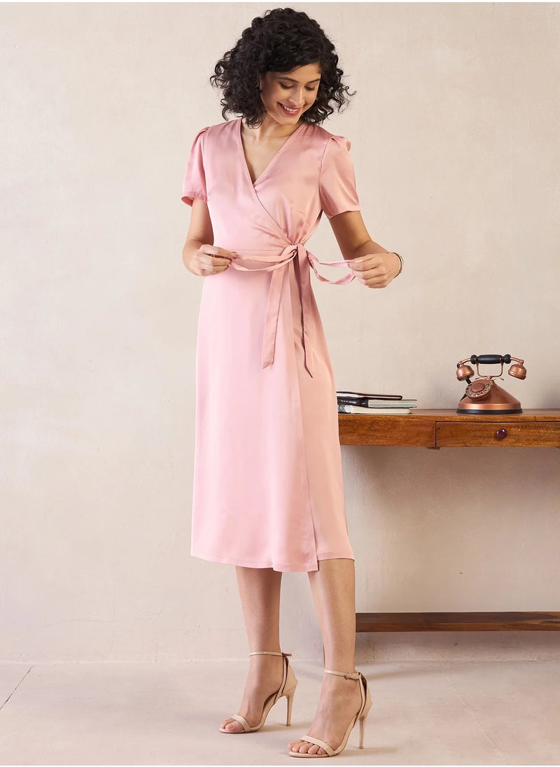 Salt Attire - Women's  Elegant Midi Dress with Flattering Fit and Flared Silhouette, V Neckline, and Stylish Side Wrap Tie-Up - Perfect for Chic Occasions and Effortless Style - Image 1