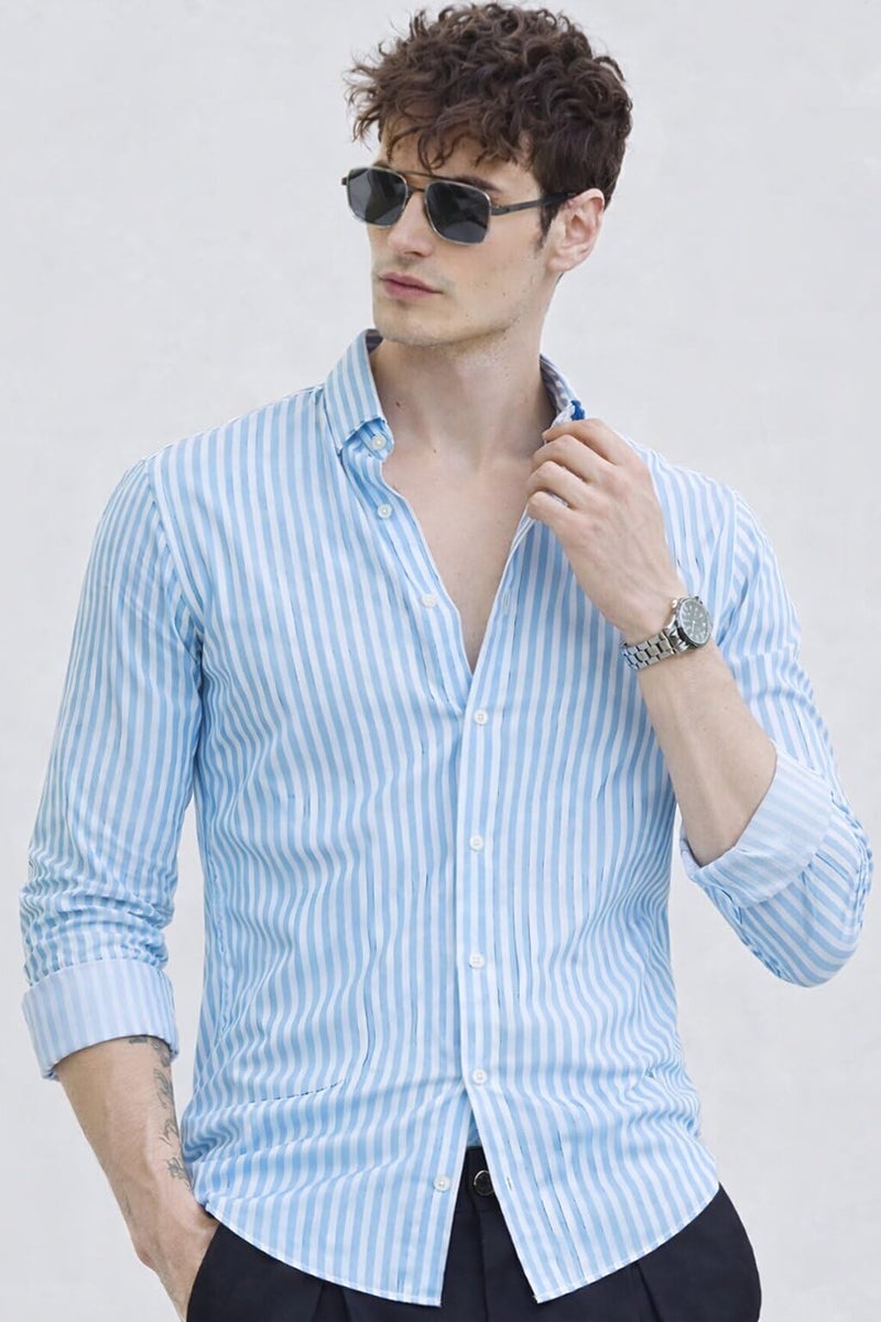 U TURN Men's Casual Printed Striped Stylish Latest Formal Shirt for Men Plus Size Shirt for Men (SkyBlue-White; Large) - Image 2