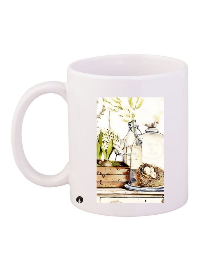 Birds Printed Coffee Mug White/Beige/Green 11ounce