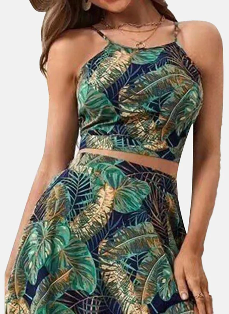 YUNIQEE Green Flared Printed Boat Neck Sleeveless Dress
