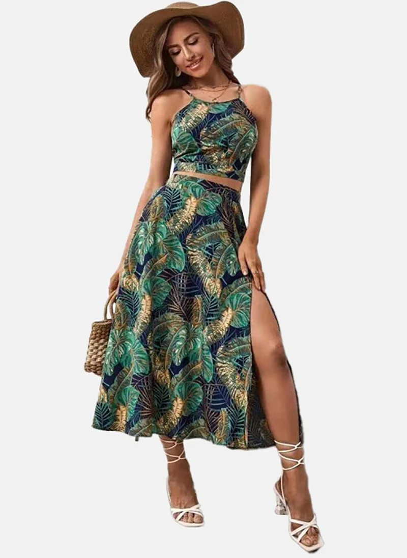 YUNIQEE Green Flared Printed Boat Neck Sleeveless Dress