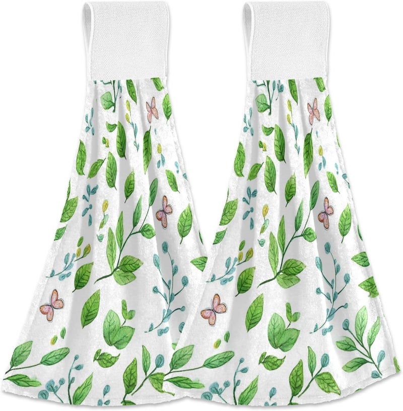 Dussdil Spring Leaves Butterflies Hanging Kitchen Towel Green Branches Dish Cloth Tie Towels Set of 2 Hand Towel Tea Bar Dry Towel Absorbent Fast Drying for Bathroom Laundry Room Decor - Image 1