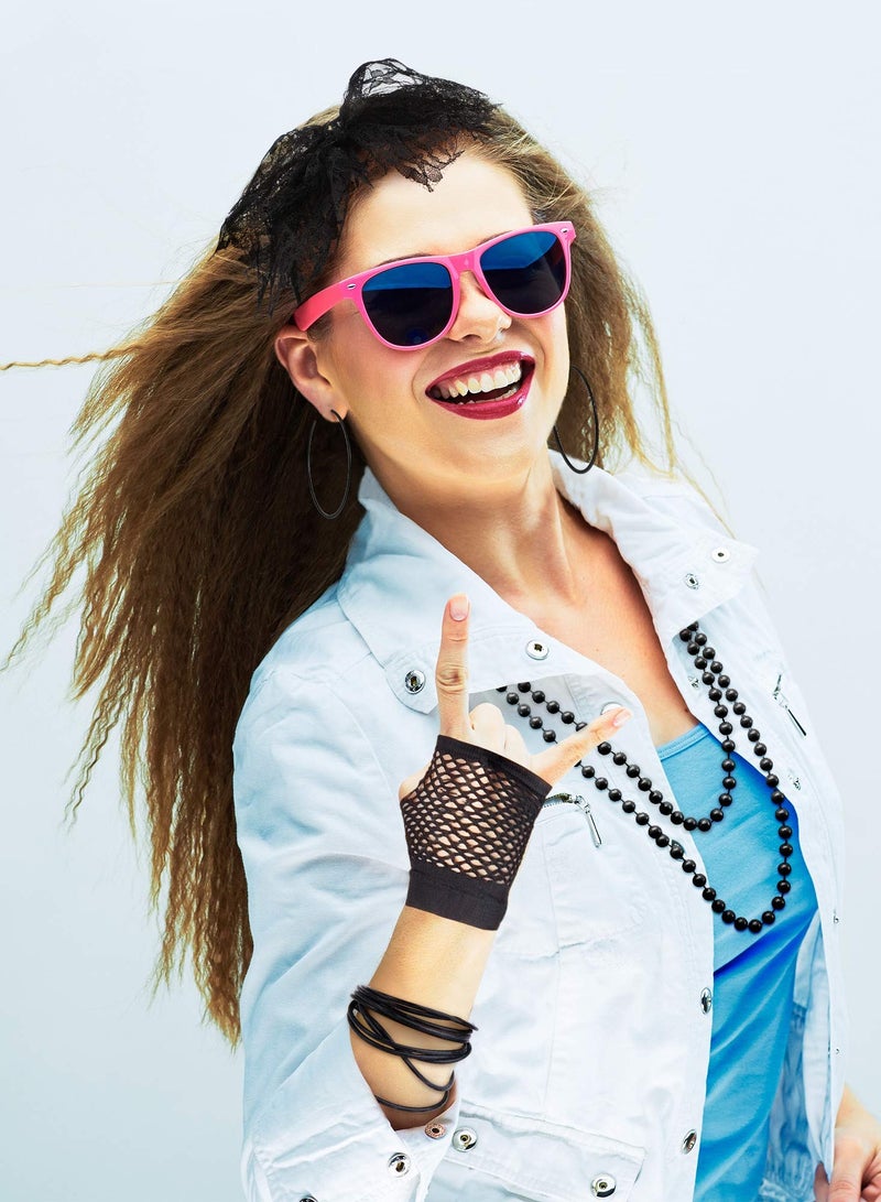 Excefore 80s Fancy Dress Costume Accessories Lace Headband Earrings Fishnet Gloves Necklace Bracelet for Retro Party, Black - Image 4