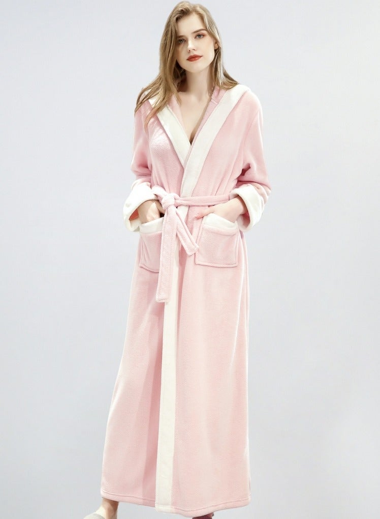 إسكدنيا النساء الشتاء طويلة سميكة غطاء فستان ليلي الفلانيل رداء حمام بيجاما الوردي