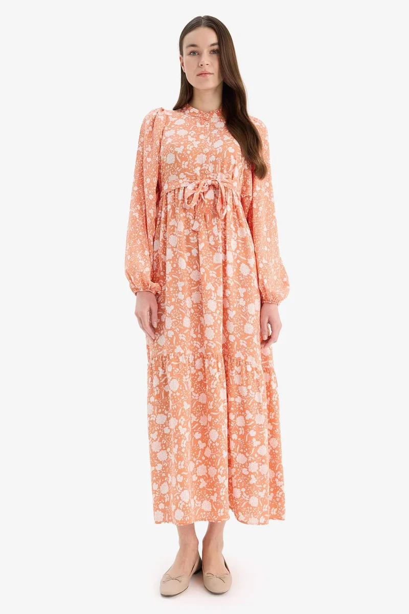 ديفاكتو Major Collar Patterned Long Sleeve Maxi Modest Dress